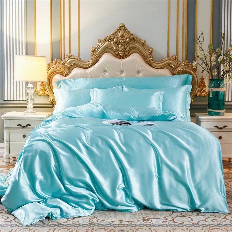 Hochwertiges Fleckenschutz-Bettwäsche-Set Doppelbett Imitation Seide Luxus-Bettwäsche-Set Queen Bequeme Seidige Deckenhülle Bettdeckenbezug-Set