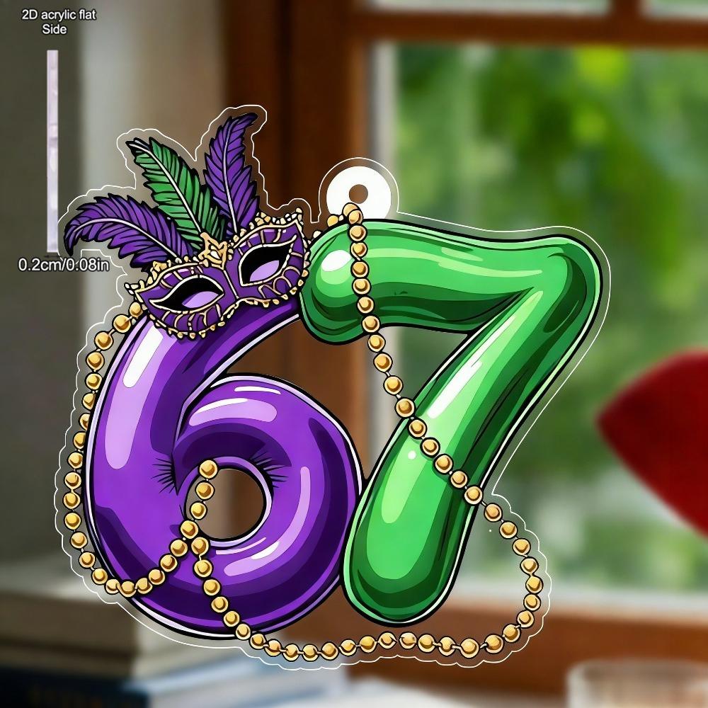 Glittering Purple, Green Masks Pattern - Transparent Pendants, Drops & Finials with Number 67 Shaped, No Electricity Needed, Nurseries, Vintage Home D