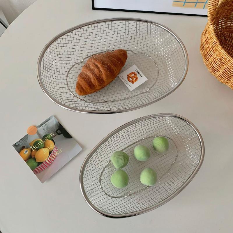 Stainless Steel Fruit And Vegetable Basket Oval Drainage Basket Mesh Frame Mesh Screen Kitchen Washing Basket Storage Basket