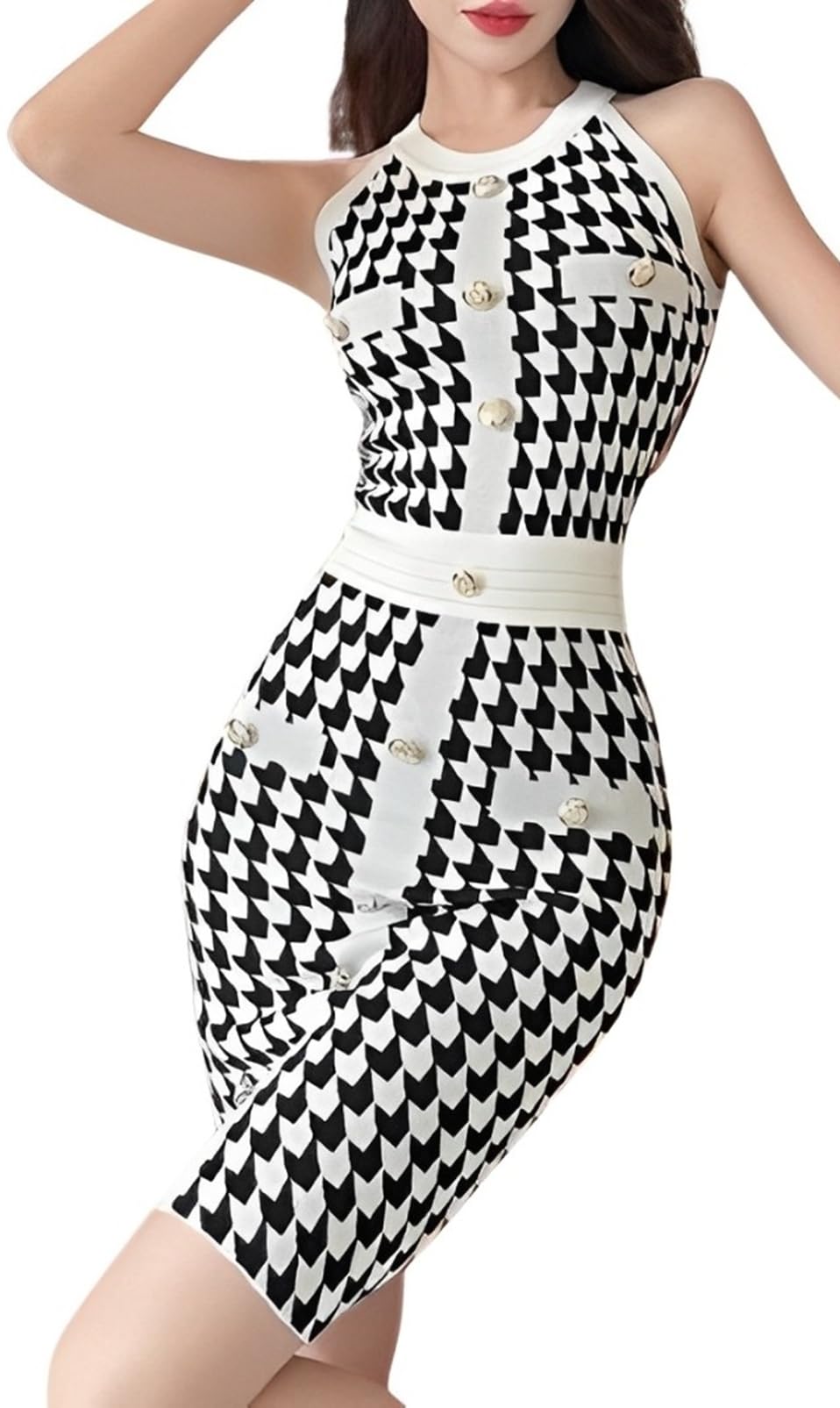 [ToaSoa] Knit Mini Tight Sexy Sleeveless Houndstooth Pattern Dress (M, White)