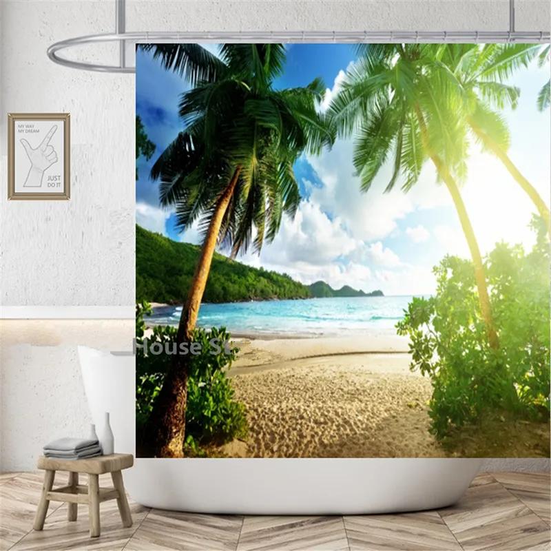 

Beach Waterproof Shower Curtain, 3D Polyester Fabric, Washable Home Decor, Nordic Style Building Bathroom Curtains, High Quality W60H190(CM)-1 Pcs