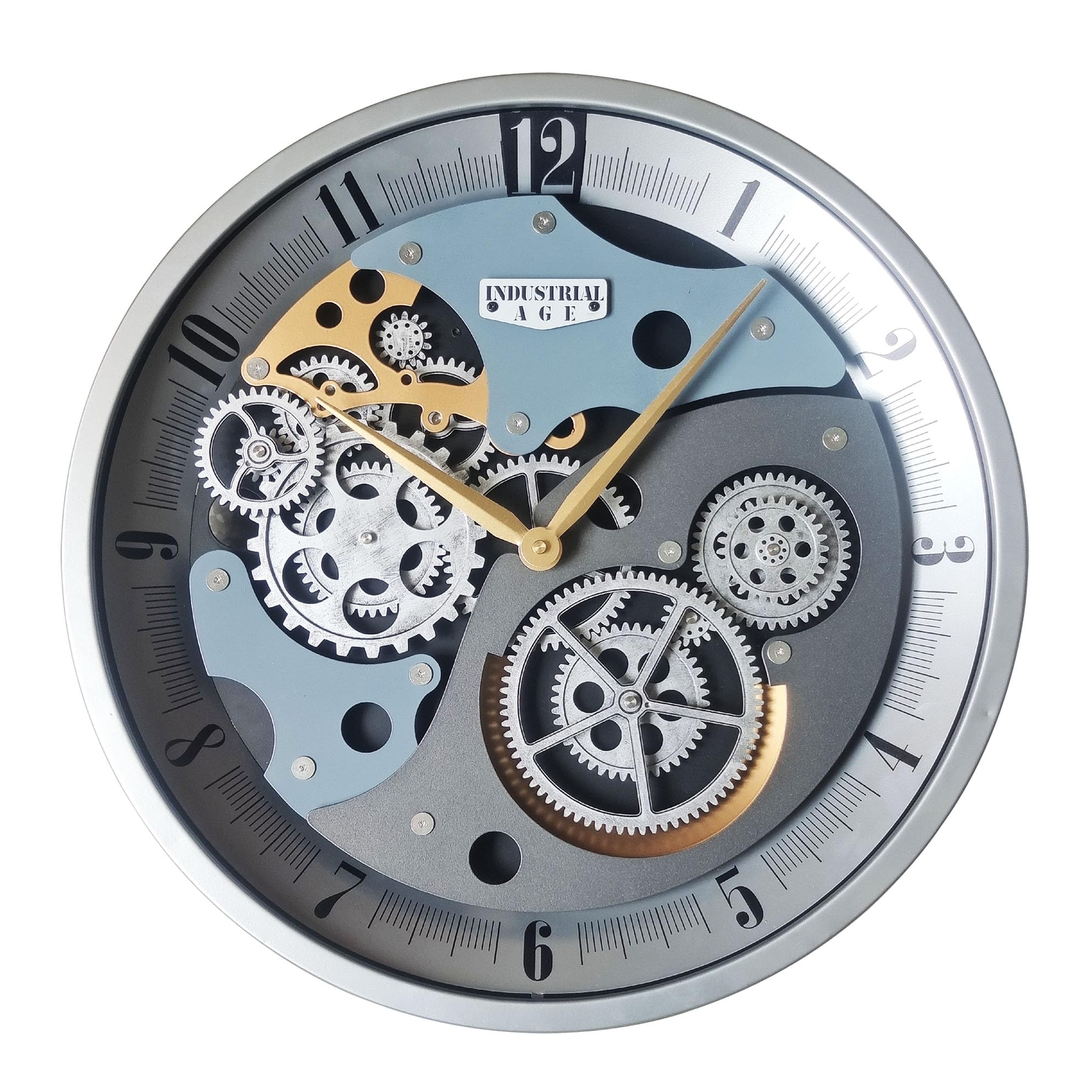 

Silent Wall Vintage Industrial Gear Retro Silver for Living Study Clock, Style, 18-inch (46cm), Design, Metal, Large, Blue, Room, Bedroom,
