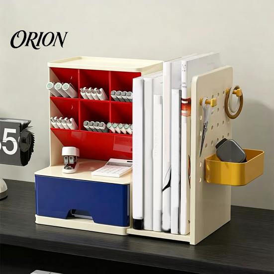 Compact Plastic Desk Shelf Pen Organizer with Retractable Bookends And Pegboard, Multi-Functional Angled Makeup Essential Classroom Organization