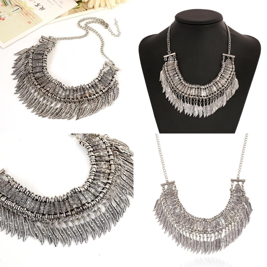 European Style Antique Silver Charm Necklace With Tassel And Carved Leaf Motif For All