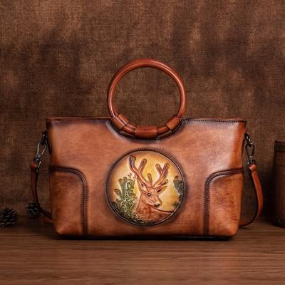 Vintage Natural Cow Leather Women Bag Deer Embossed Versatile Large Capacity Leisure Handbag Shoulder Bags