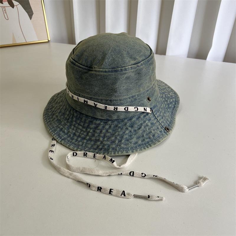 Retro denim bucket hat women's new strap-up big brim denim hat travel shade versatile sunscreen hat