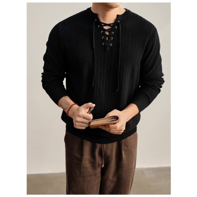 Men V Neck Drawstring Solid Long Sleeve Casual Knit Sweater