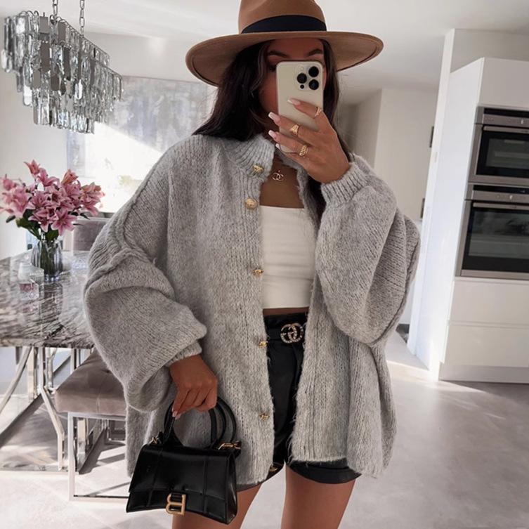 Cardigans Femininos Outono Manga Longa Tricô Botão Abertura Frontal Casaco Casual Outerwear Cardigans Grossos Femininos Gola Redonda Cardigans Suéteres