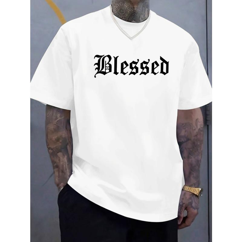 Men's Summer Fashionable Casual Loose Blessed Letter Pattern Printed Sports Round Neck Short Sleeved T-shirt