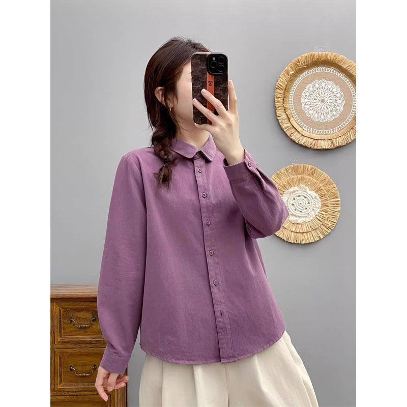 This Autumn and Winter Pure Cotton Solid-color Shirt Is A Classic and Versatile French Layering Shirt for Women with A Doll Collar