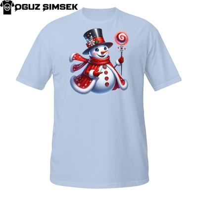 Festive Snowman Christmas T-Shirt Mens Womens Tees Top – Red Scarf, Lollipop Staff and Winter Charm