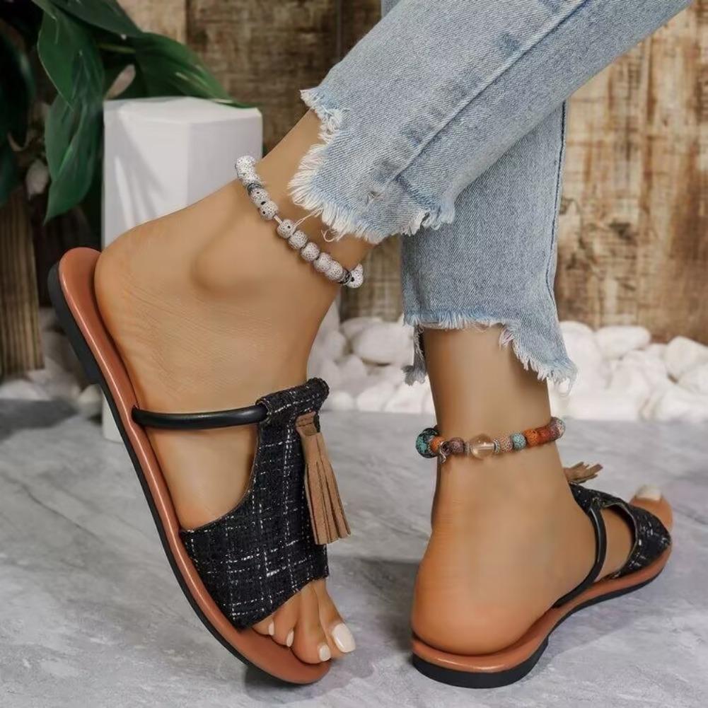 Fashion Women's Casual Beach Holiday Slippers 2025 Summer New Fashion Fringe Outdoor Flat Shoes Open Toe Sandals Zapatos De Mujer Slides