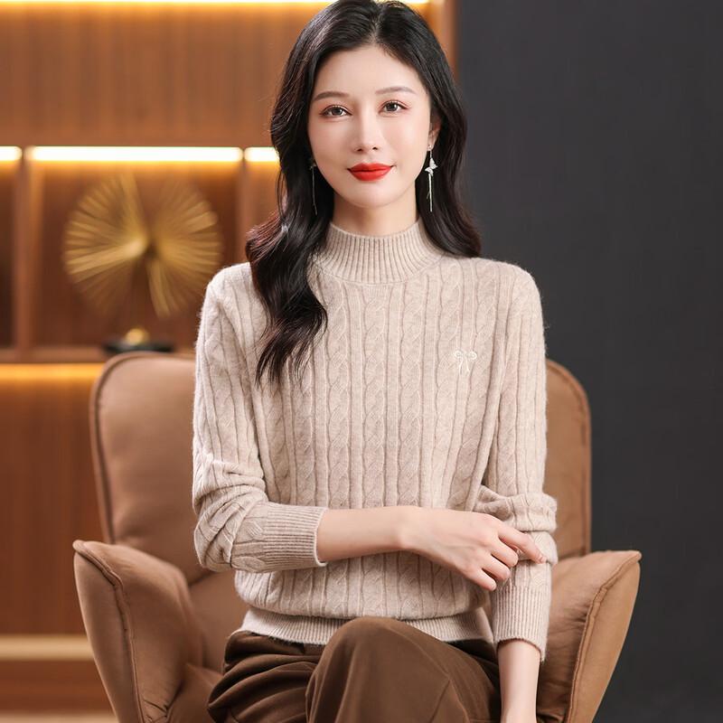 Women s Thick Cable Knit Half-High Collar Sweater L
