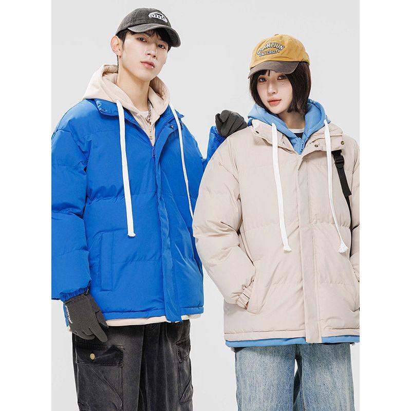 Stock Fake Two-Piece Hooded Cotton Jacket for Men and Women, Couple Style, Faux Hooded Down Jacket, Trendy Brand, Student Thickened Casual Cotton Coat