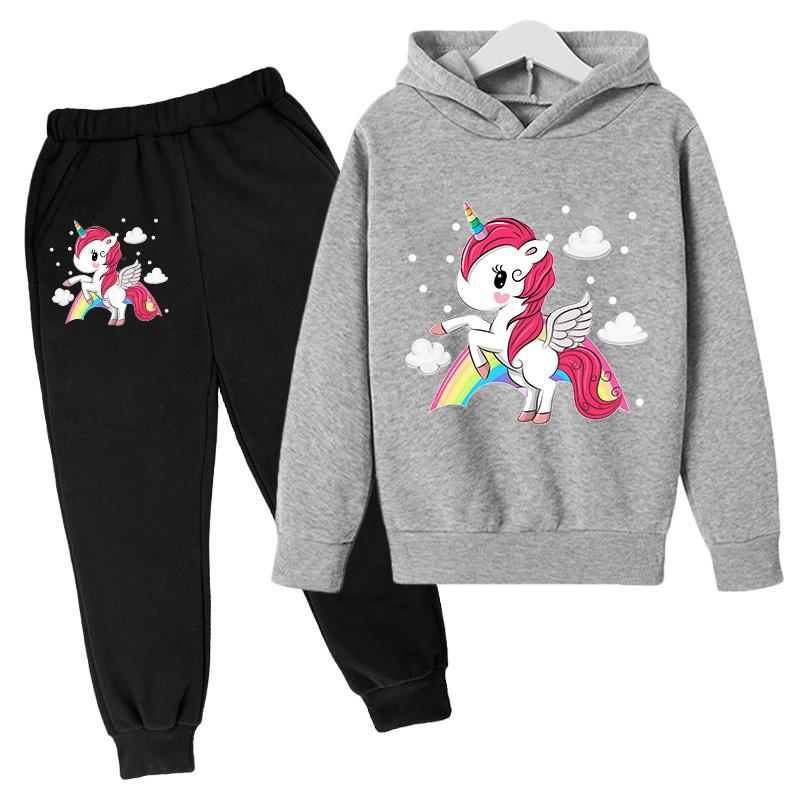 Girls' Hoodie Set Casual Sports Hoodie Set Cartoon Unicorn Print Spring and Autumn CuHK Children Long-sleeved Two-piece Set