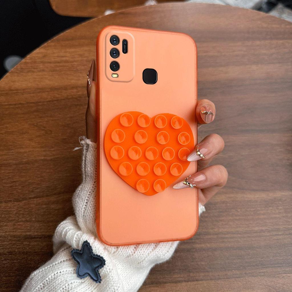 Heart Shape Suction Cup Phone Case for Vivo Y50,Y30 4G Semi Transparent Matte Shockproof Soft TPU Cover