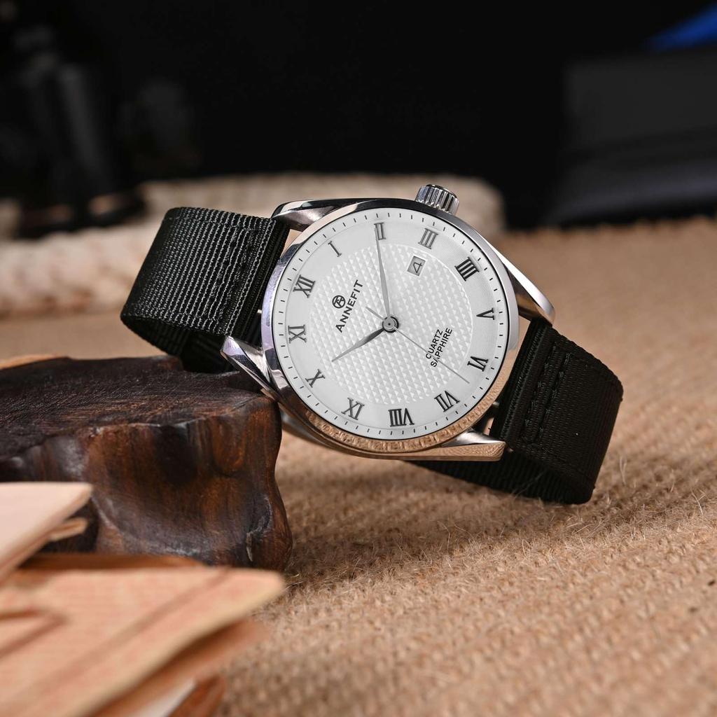 ANNEFIT Reloj de Nylon Reloj Militar Correa de Nylon de Repuesto con Hebilla de Liberación Rápida de Tela, Correa, 18mm, Acabado de Dos Piezas, Negro/Plata