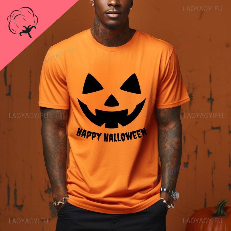 Cute Happy Halloween Pumpkin Face Graphic T Shirts Women Unisex Autumn Orange High Quality Cotton Tshirt Trick Or Treat Tops Tee