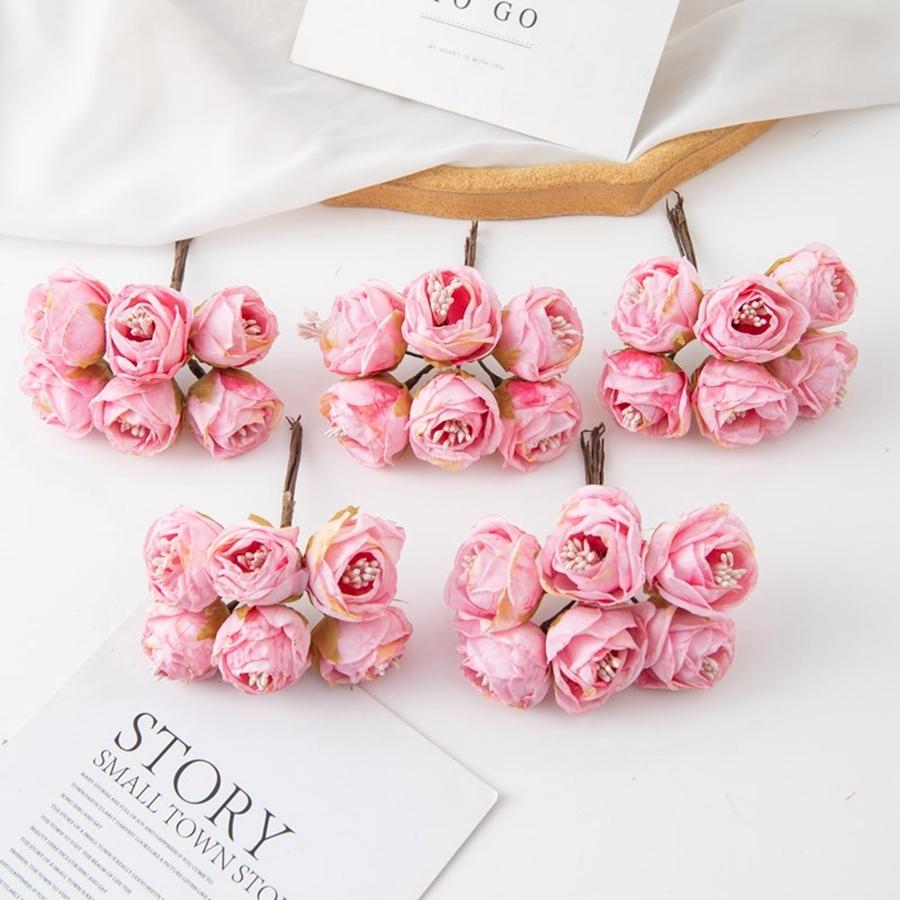 6PCSArtificial Flowers Silk Stamen Rose For Wedding Bridal Bouquet Decor Home Living Room Bonsai DIY Christmas Wreath Accessory