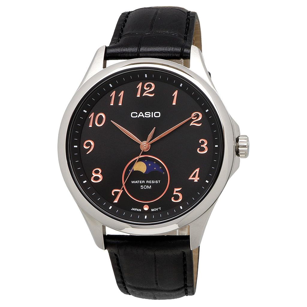 CASIO Moon Phase Round Face Black Leather Band Overseas Model Watch, Black, MTP-M110L-1AV