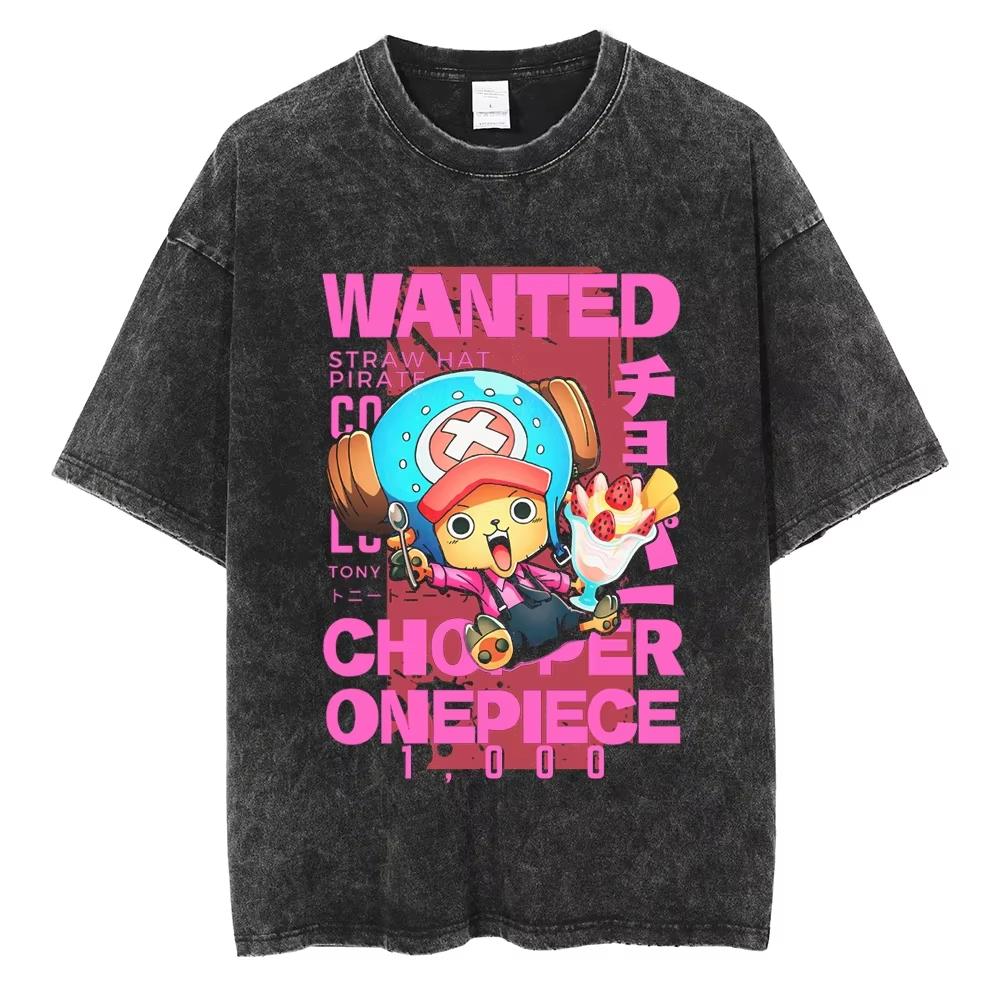 Luffy ONE PIECE Anime Harajuku Vintage Washed Retro Tshirt Cotton Mens Streetwear Womens Shortsleeved Unisex Top