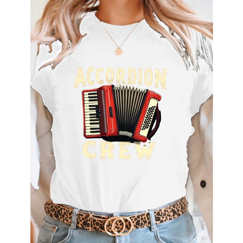 

Европейские размеры Футболка с принтом Аккордеон Группа Музыкальный инструмент, повседневный топ с коротким рукавом и круглым вырезом для лета и весны, Женская одежда S белый