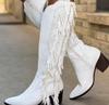 White Cowgirl Boots, White Alligator Pattern Fringed Boots, European and American Pointed Thick Heel Knight Boots, Large Size Fringed Boots, Women's