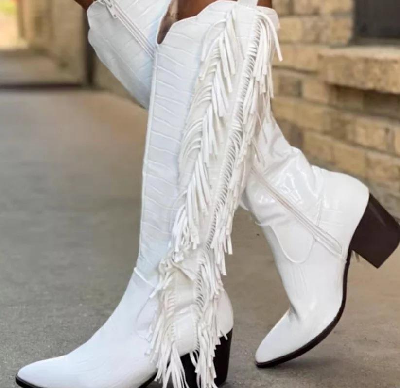 White Cowgirl Boots, White Alligator Pattern Fringed Boots, European and American Pointed Thick Heel Knight Boots, Large Size Fringed Boots, Women's