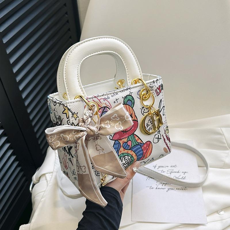 New fashion silk scarf graffiti contrasting color Princess Diana bag portable shoulder oblique span trendy women's bag