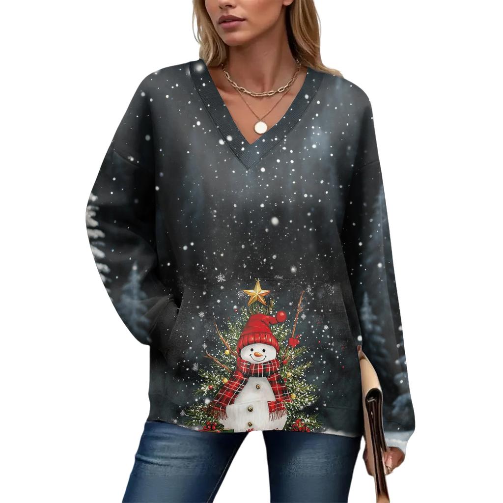 Women's Casual And Fashionable Christmas Print Long-Sleeved Top