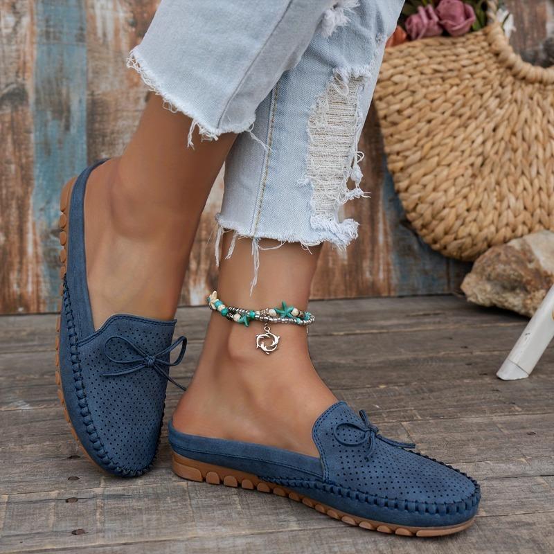 Women's Retro Bow Flat Mules - Soft, Comfortable, Breathable Slip-On Sandals in Pink Perforated PU Cover with TPR Sole and Fabric Lining