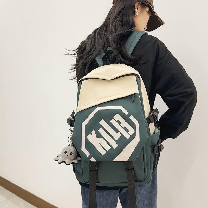 Trendy and Cool Simple Letters Contrasting Colors Large Capacity Junior High School High School Backpack New Versatile Student Schoolbag