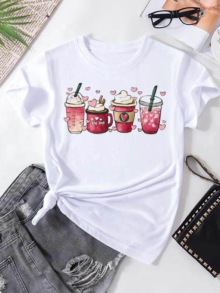 Women's T-shirt Korean Fashion Graphic Cup Print Women's Clothing T-shirts for Valentine's for Lovers Aesthetic Clothes Casual