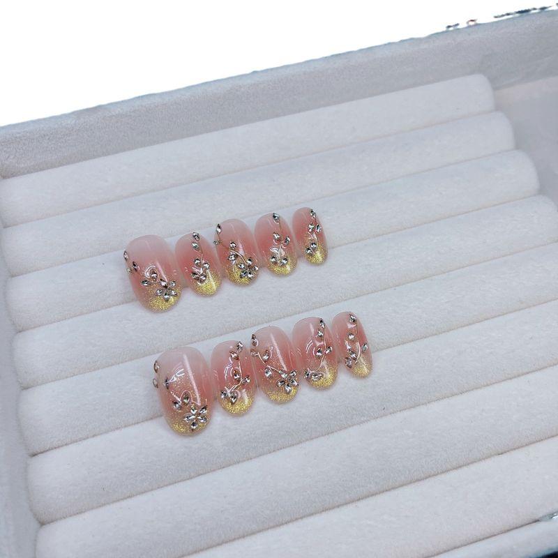 

[246] Gilding Star River Zircon Wheat Handmade Wear Nail Dense Gold Cat s Eye Nail Stickers Short ellipse XS