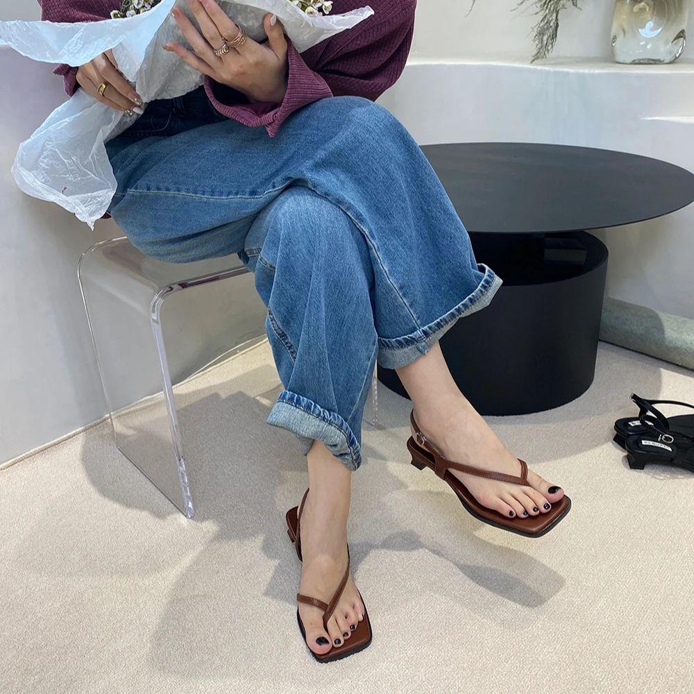 fashion Fashion Women Sandals Clip Toe Party Dress Shoes Woman White Brown Black Summer Ankle Strap Elegant Fashion Low Heels Sandals 40