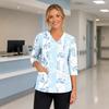 Top de Uniforme Floral para Mujer con Escote en V, Bolsillos, Abertura Lateral y Mangas Tres Cuartos