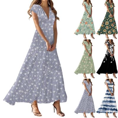 Maxi Dress For Womens High Waiste Deep V Neck Dress Printed Dresses Beach Flowy Dress Retro Summer Dresses