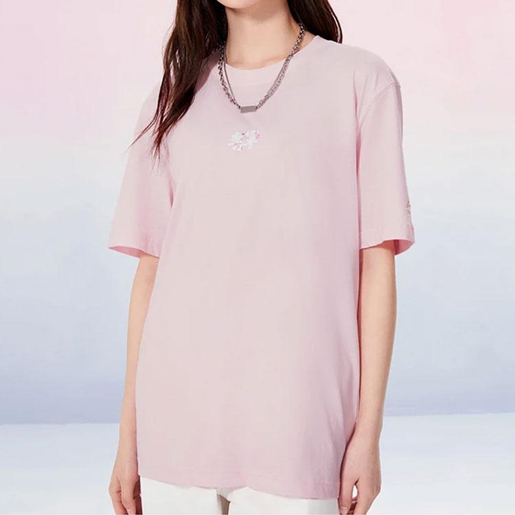 Li Ning SS22 Sakura Series Solid Color Round Neck Casual Short Sleeve T-Shirt Unisex Tops Light-Pink AHSS917-2