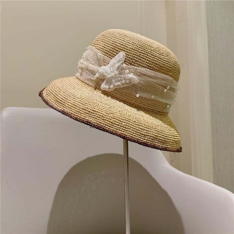 Ins Chic Summer Colored Square Stitching Decoration Hand Raffia Grass Sunshade Lady Bucket Cap Women Leisure Hat