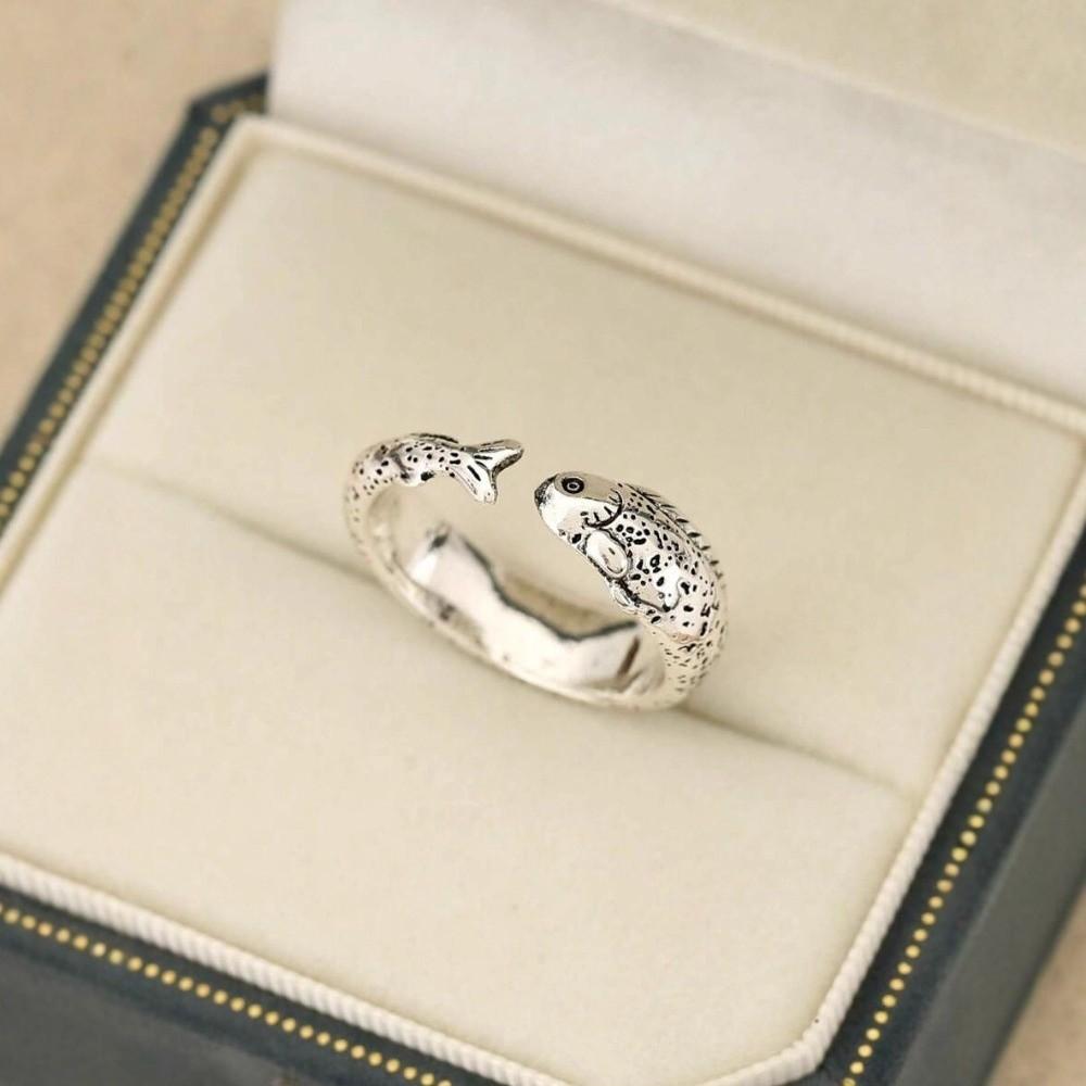 Simple Vintage Adjustable Ring Zinc Zinc Alloy Retro Open Ring Niche Fish Shaped Ring  Unisex