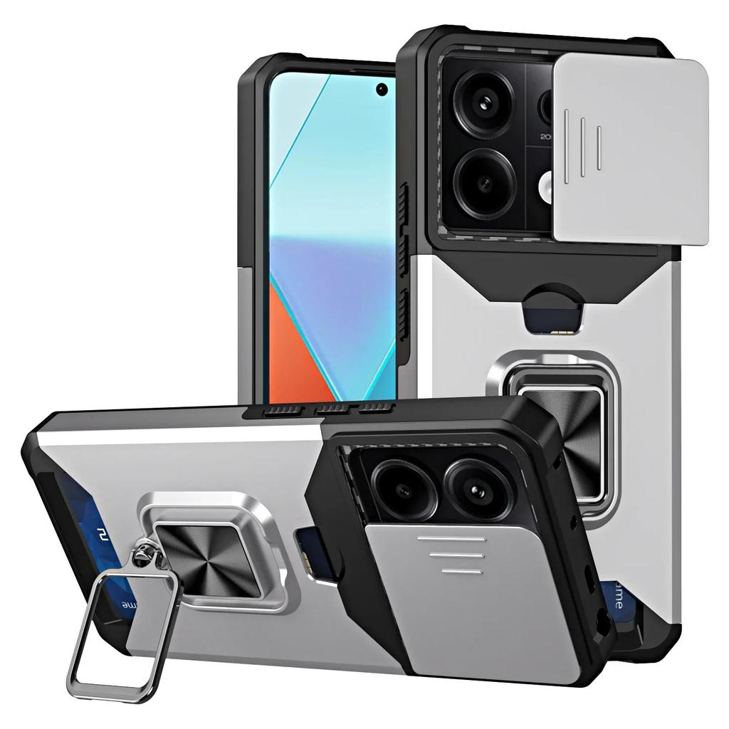 Case for Xiaomi Redmi Note 14 13 12 Pro Plus 13C 14C 4G 5G Slide Camera Card Holder Slot Wallet Protective With Ring Stand Cover