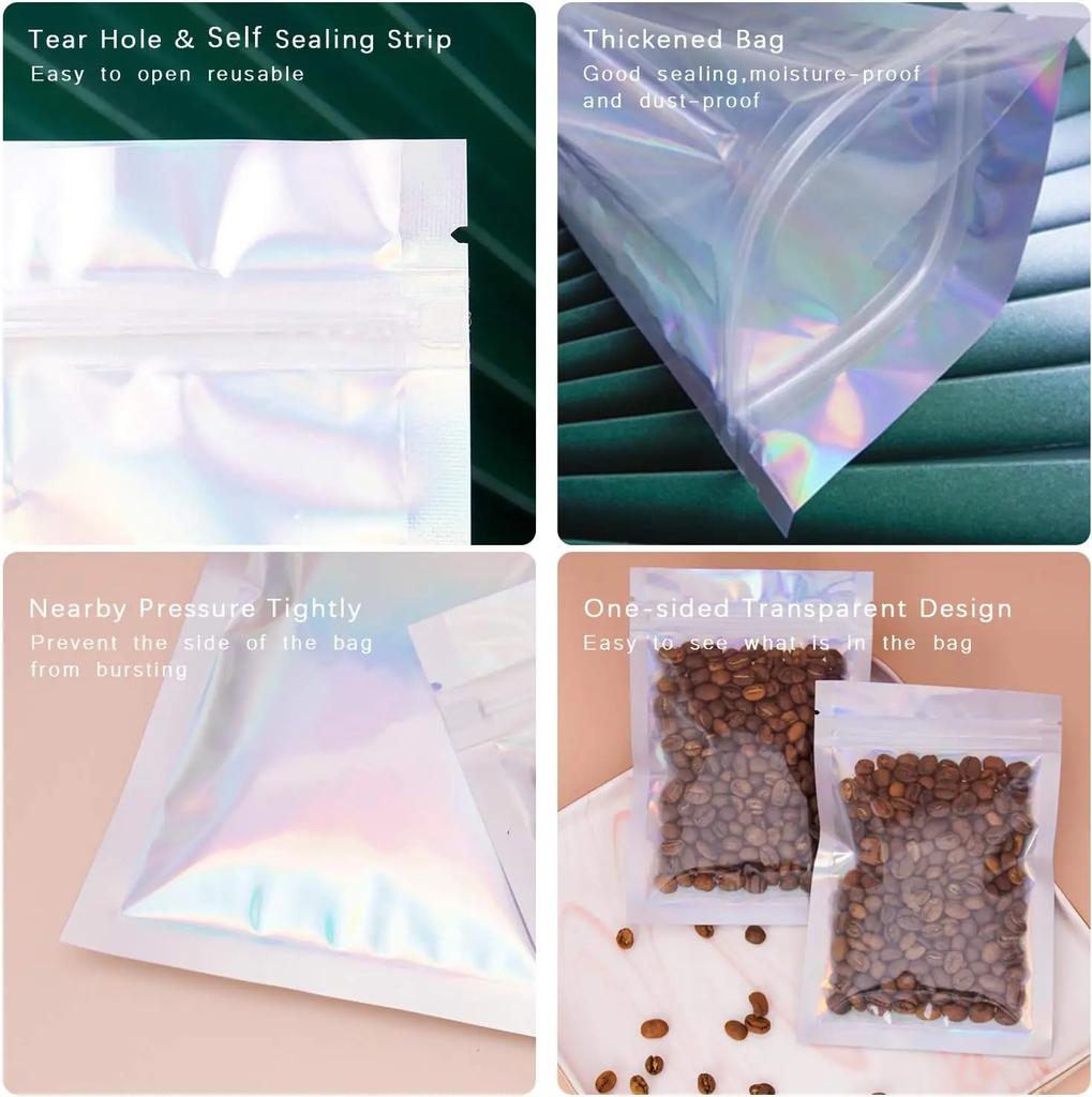 Resealable Holographic Rainbow Mylar Bags Smell Proof Ziplock Pouches for Food Storage and Party Favor Packaging