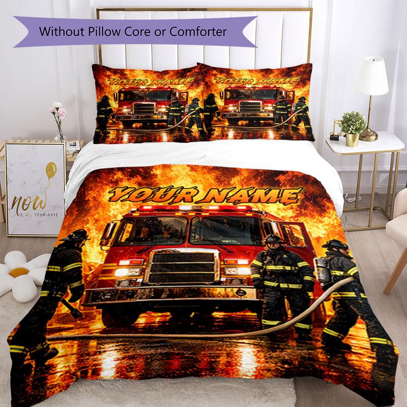 3PC Custom Name Firefighters Bravery Flames Bedding Set Duvet Cover Closure Includes 1 Duvet Cover & 2 Pillowcases for Bedroom