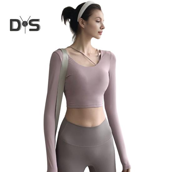 Innen gepolsterte Yoga-Tops für Damen, sexy Rücken, langärmelig, Yoga-Top, Sport, hochelastisch, für Fitnessstudio, Fitness, Laufen, Training, T-Shirt, weich, atmungsaktiv, sportliche Kleidung für
