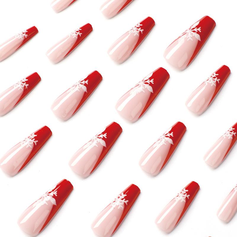 Nail art piece Red edge French wearing nail Christmas snowflake nail art finished nail art patch fake nail