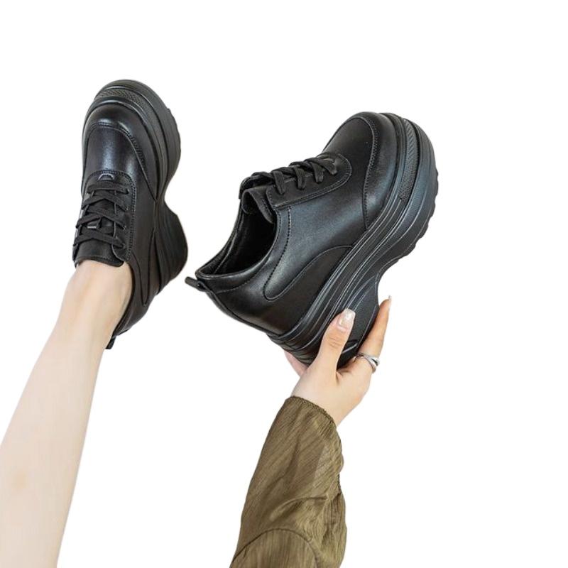 Fashion 11CM Suede Cow Genuine Leather Vulcanize Women Casual Platform Wedge Chunky Sneakers Spring Autumn Contoured Fashion Black Shoes