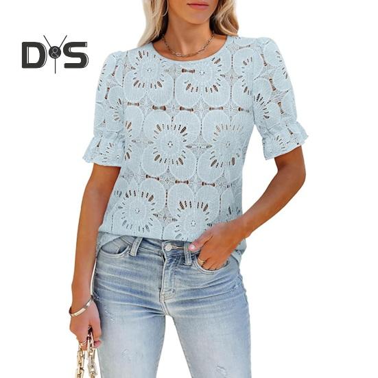 Women Tops Round Neck Puff Short Sleeve Hollow Lace Pullover Tops Solid Color Loose Fit Summer T-shirt