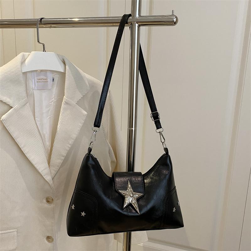 Y2K Vintage Shoulder Bag Soft PU Solid Color Messenger Bag Metal Star Lightweight Crossbody Bag for Commute Work