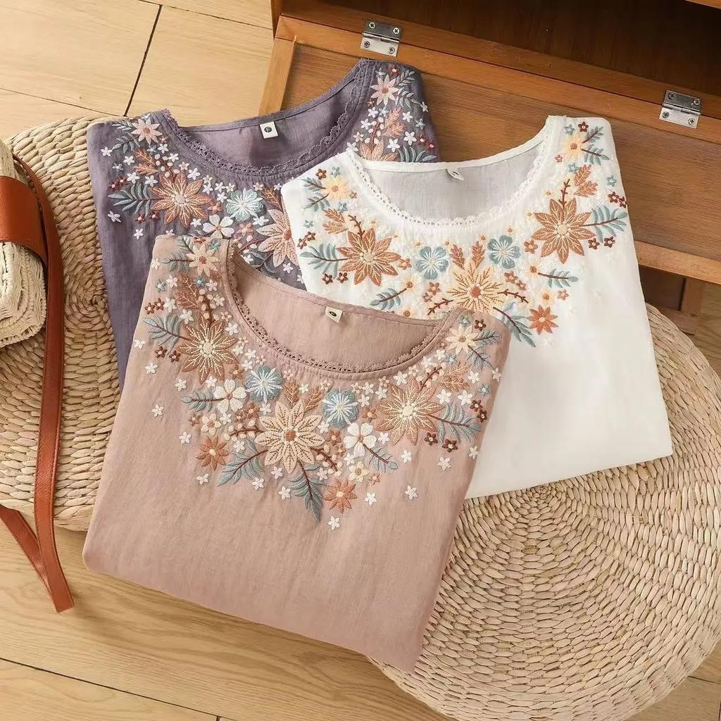 Summer Spring Women's Tops Cotton Linen Literary Embroidery 7-quarter Sleeve Summer Retro Loose Embroidery Versatile Round Neck T-shirt