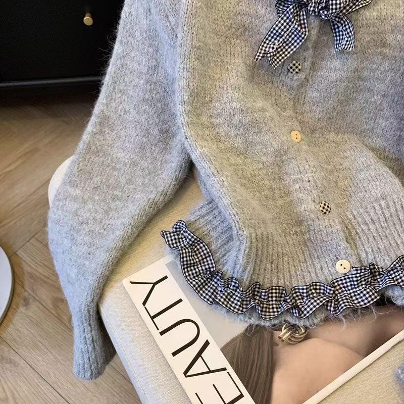 Korean Ruffle Plaid Bow Cardigan - Women's Chic Long Sleeve Knitted Top for Autumn/Winter